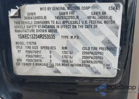 2004 Chevrolet Tahoe Lt z USA, uszkodzony, nr VIN 1GNEC13Z04R253535